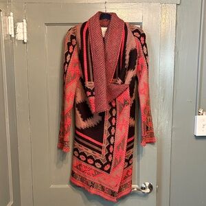 RACHEL Rachel Roy Coral, Black, and Brown Aztec Print Long Knit Sweater